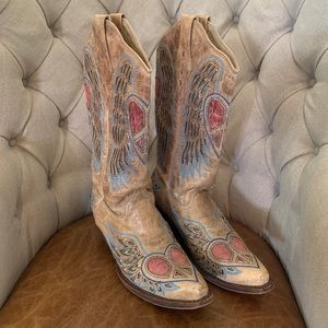Corral Boots Antique Saddle Blue Jean Wing + Heart